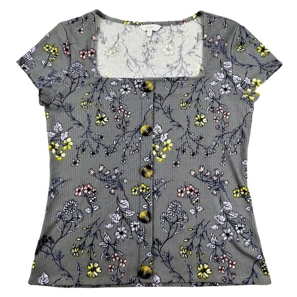 Candies Womans Knit Top Grey Floral Print Square Neckline size M .. JH1056 - Picture 1 of 3